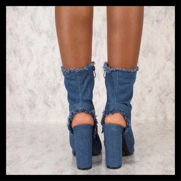 Distressed Denim Peep Toe Chunky Heel Booties - Picture 5 of 5